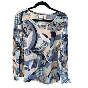 Chicos Weekends Pullover Top  XL Geometric  Blue Purple Long Sleeve